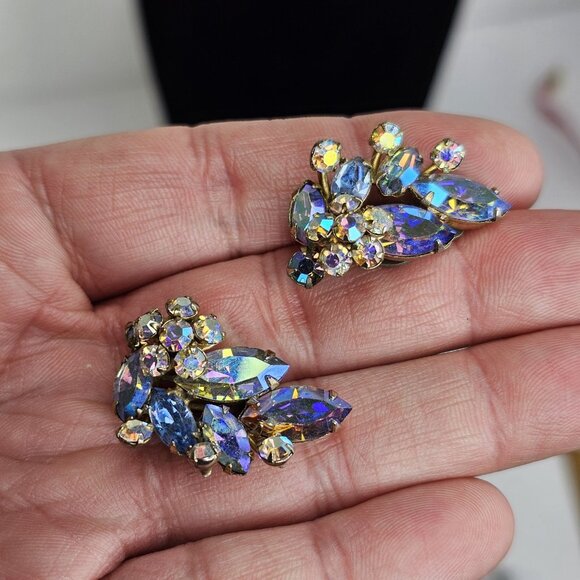 Sherman Earrings Clip On Purple Blue Pair Vintage Signed Stunning - Picture 7 of 11